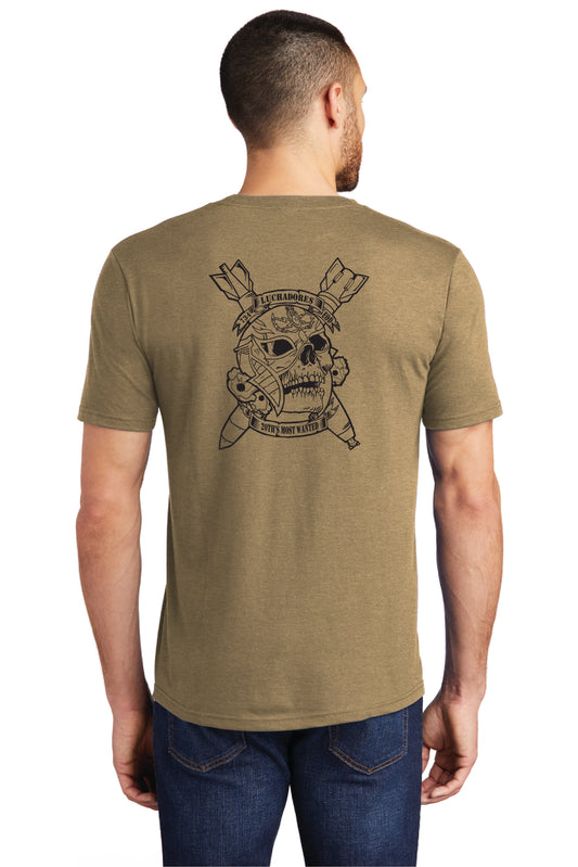 A male model wearing a brown t-shirt with a graphic print of a skull and explosive ordnance on the back.