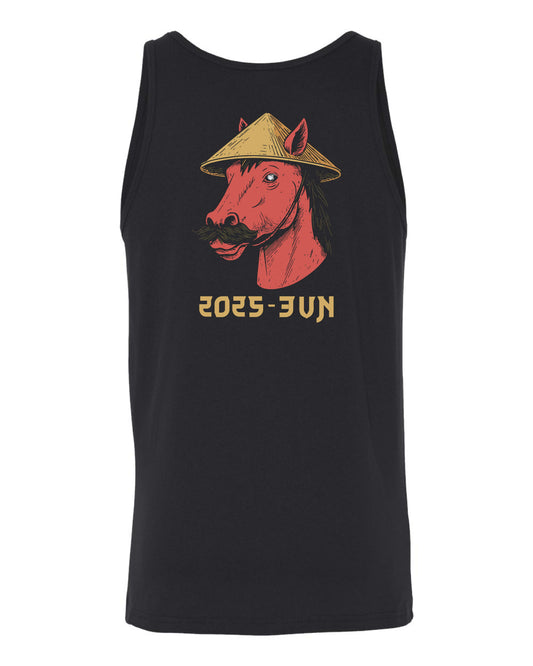 Black tank top with a graphic of a horse wearing a straw hat and text on a white background