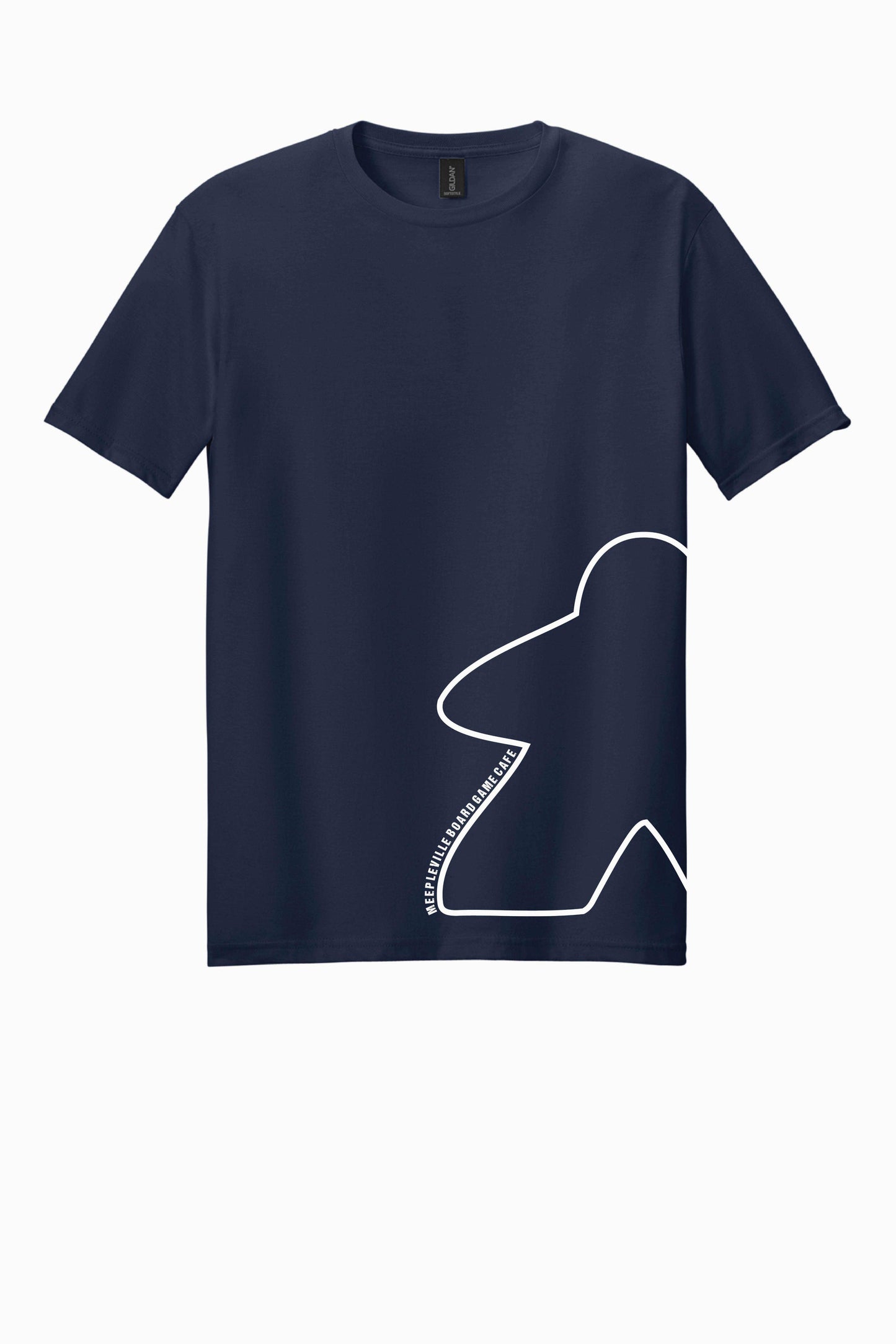 Navy blue t-shirt with a white abstract design on a white background