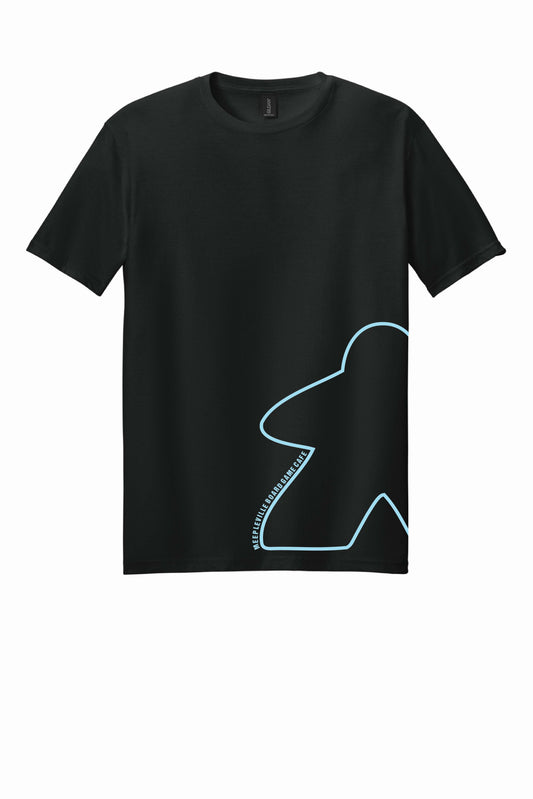 Black t-shirt with a light blue abstract design on a white background